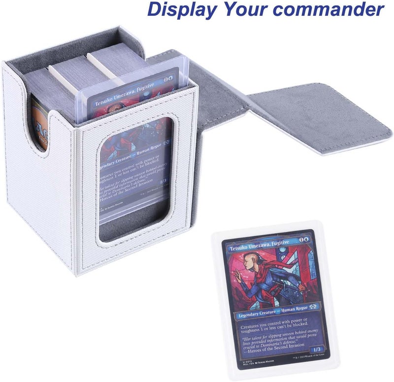 AFIING MTG Deck Box for Commander Display, Fits 100 Double Sleeved Cards, Magic Commander TCG Card Storage Box with 2 Dividers, Drawstring Bag and 1 Toploader (White/Grey) - Image 2